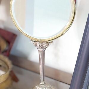 VTG Ornate Vanity Magnifying Makeup Mirror Two Tone Gold & Silver Tone 11” Roses